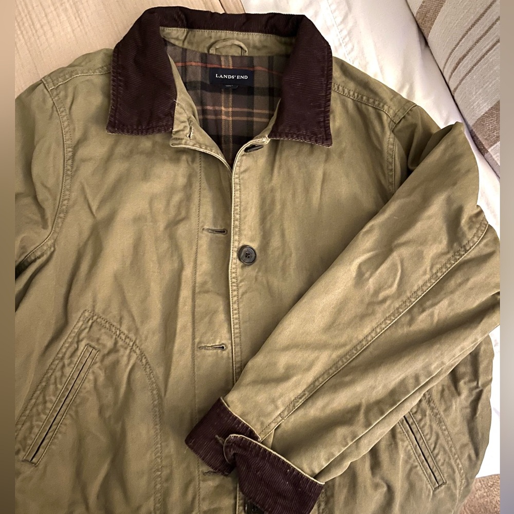 Vintage 90’s Lands' End Barbour Barn Green Khaki Jacket with Brown Corduroy Trim